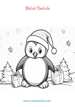 Pinguim no Natal, com pinheiro ao fundo e presentes. (pdf 04) Pinguim no Natal, com pinheiro ao fundo e presentes.