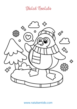 Pinguim com pinheiro ao fundo e neve. (pdf 09) Pinguim com pinheiro ao fundo e neve.